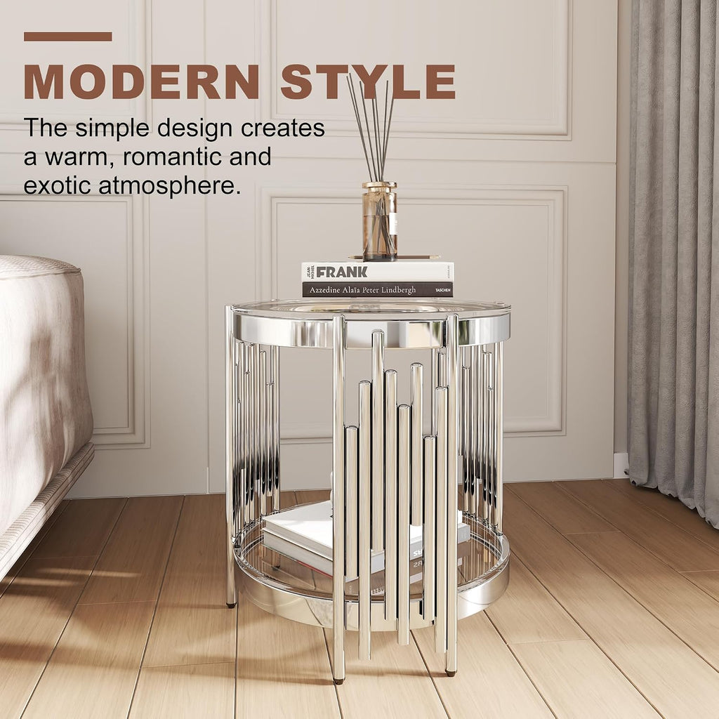 2 Tier Glass End Table with Storage, Round-Shaped Stainless Steel Side Table with Tempered Glass Top, Modern Accent Table for Living Room, Bedroom, Easy Assembly, Silver/Clear