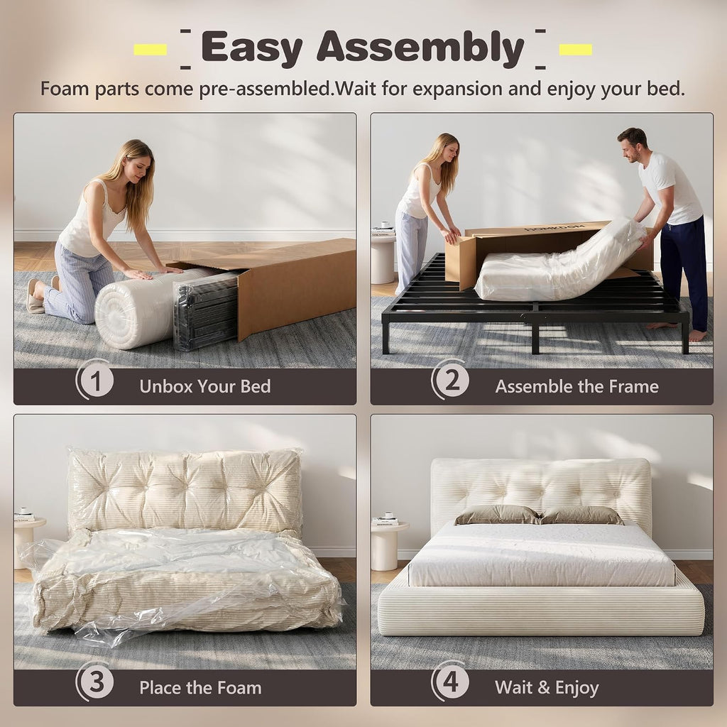 Homkdom Queen Cloud Bed Frame with 360 Cushioned Foam, White