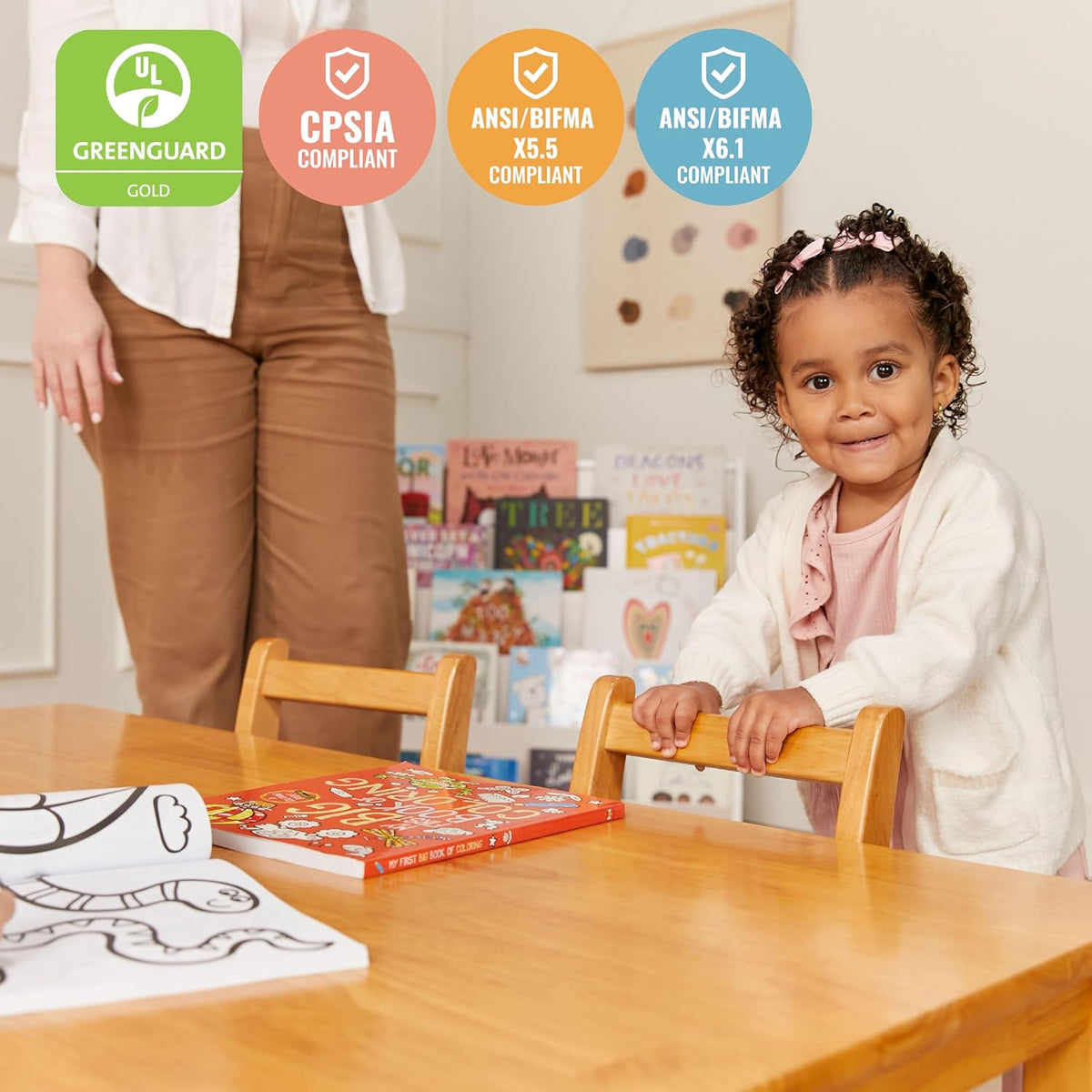 ECR4Kids 30in x 48in Rectangular Hardwood Table with 16in Legs and Four 8in Chairs, Kids Furniture, Honey, 5-Piece | Durable rubberwood, GREENGUARD Gold Certified, ANSI/BIFMA Compliant, 2-3 years, 74 lb seat capacity, classroom & home use