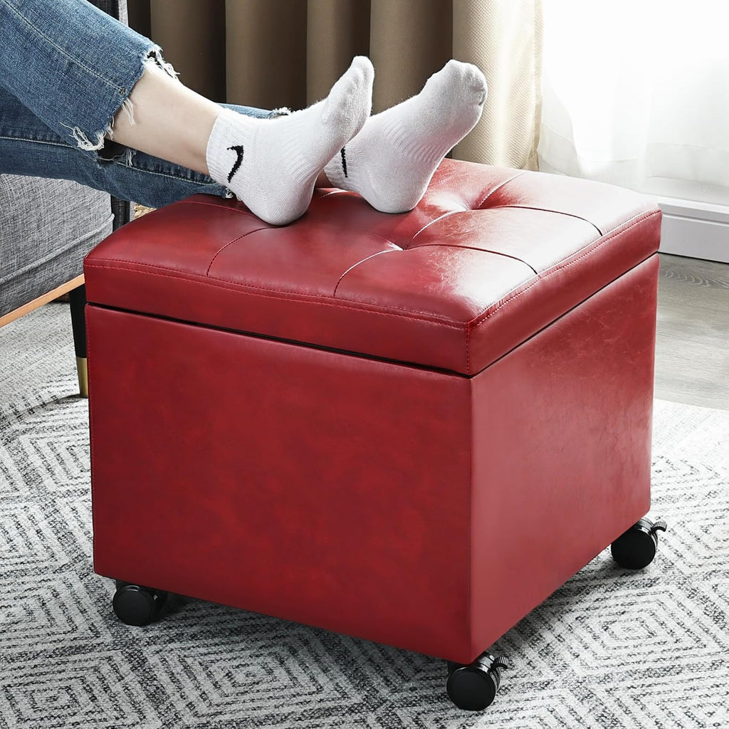Homebeez Storage Ottoman with Rolling Wheels, PU Leather Tufted Cube Footrest with Casters, 17.7" Square Tufted Distressed Ottomans for Living Room,Bedroom, 300lb Capacity