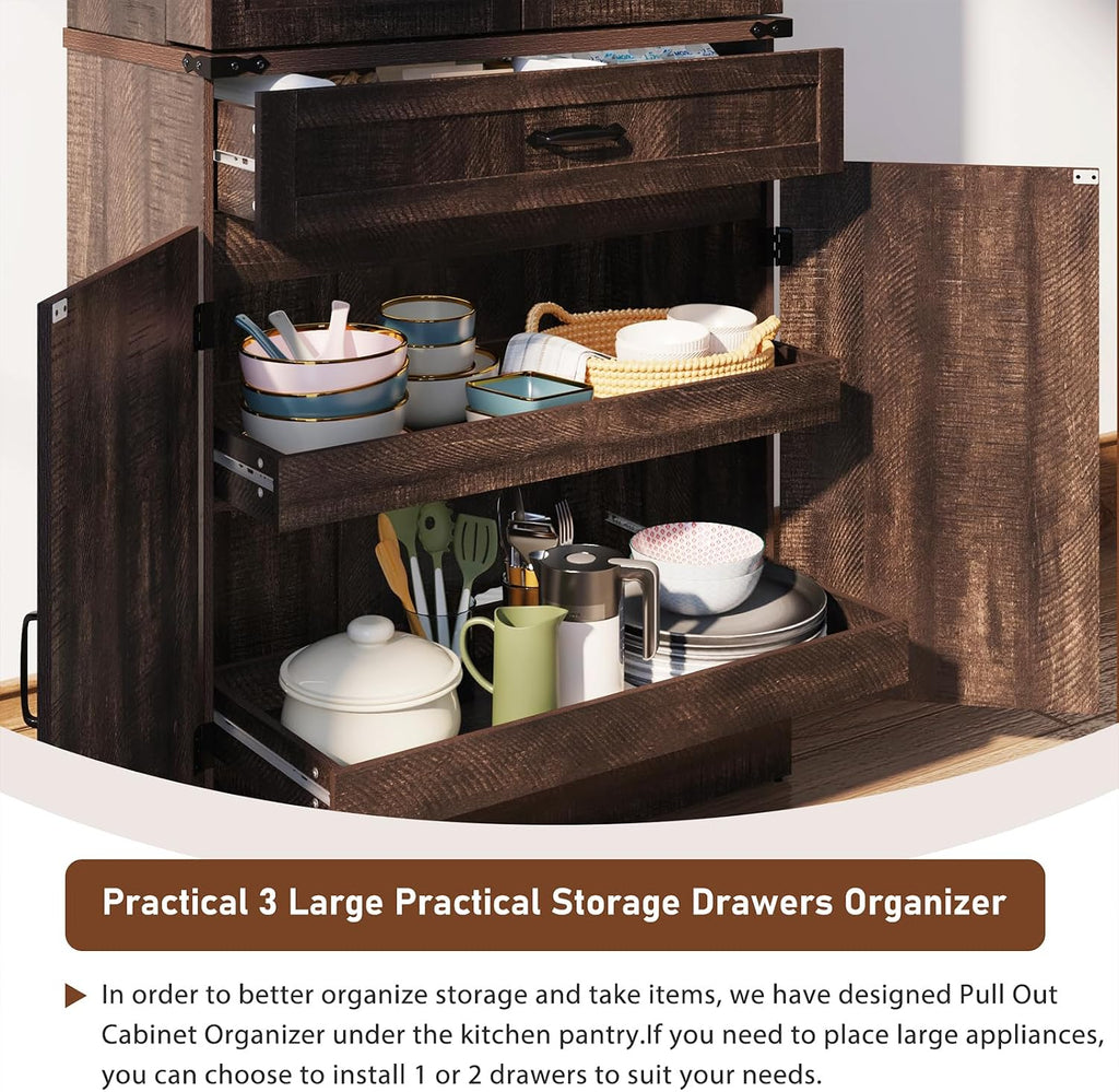 71" Tall Kitchen Pantry Cabinet with 3 Drawers,Farmhouse Storage Cabinet with 6 Barn Door Shelves,with Load-Bearing Steel Pipe and Adjustable Shelves,Pantry Organizer for Kitchen,Living Room(Brown)