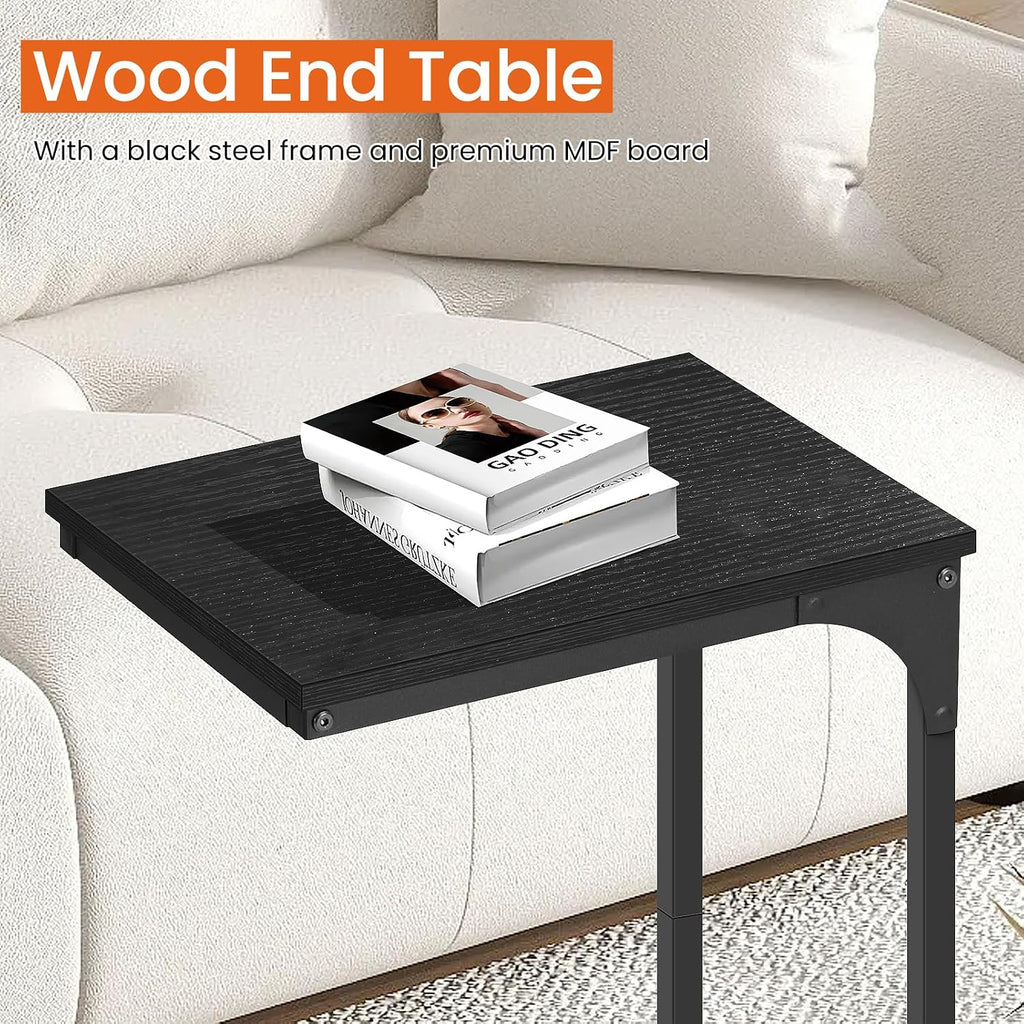 BLKMTY Small Side Table, C-Shaped End Wood Bedside Table, Snack Side Tables for Sofa, Couch, Living Room, Bedroom, Narrow Tables with Metal Frame & Adjustable Feet, Black