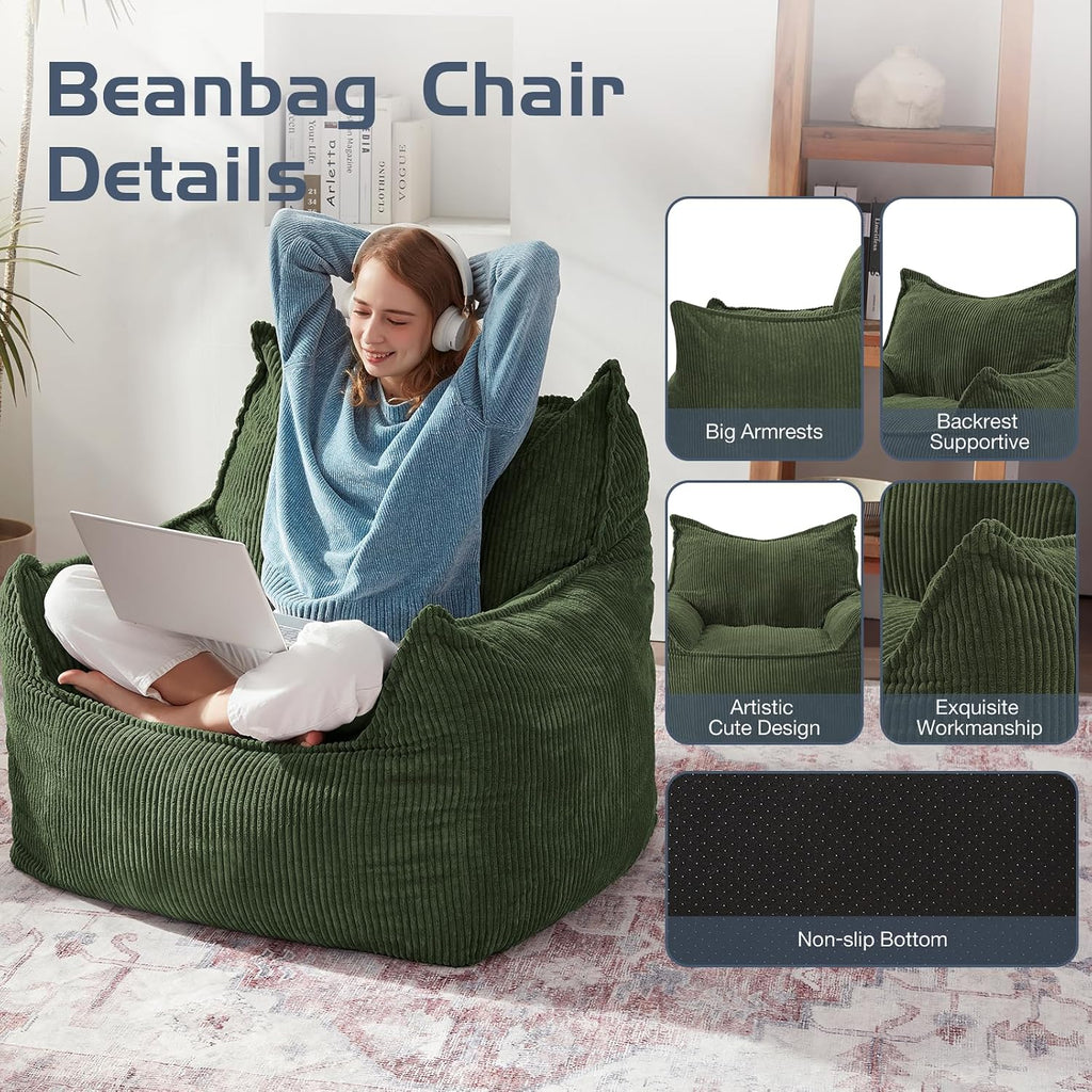 EBENCHICO Giant Bean Bag Chair for Adults, Corduroy Large Bean Bag Chairs for Teens with Armrests, Comfy Adult BeanBag Chair Sofa Couch with Filler Included for Bedroom Living Room