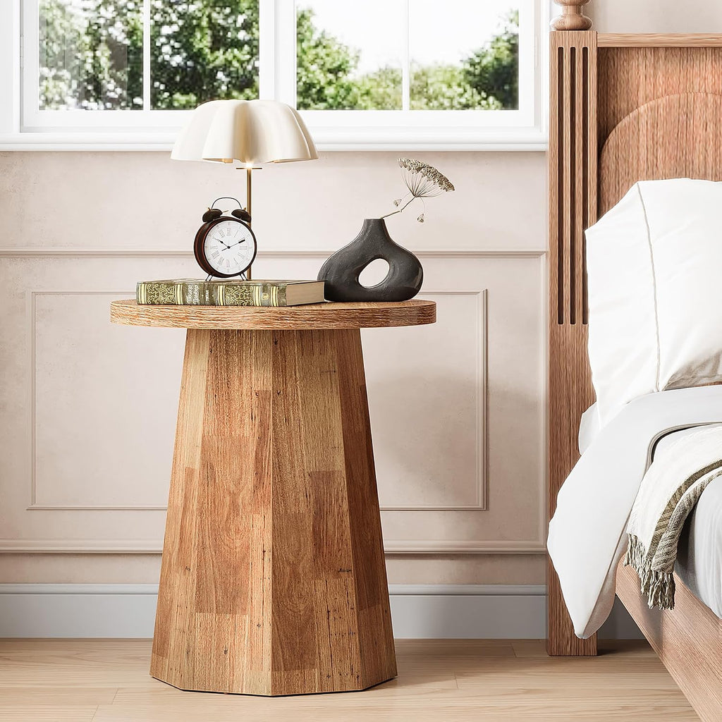Tribesigns Round Pedestal End Table, Farmhouse Couch Side Table with Octagonal Base, Wooden Drink Stand Accent Nightstand(2, Walnut)