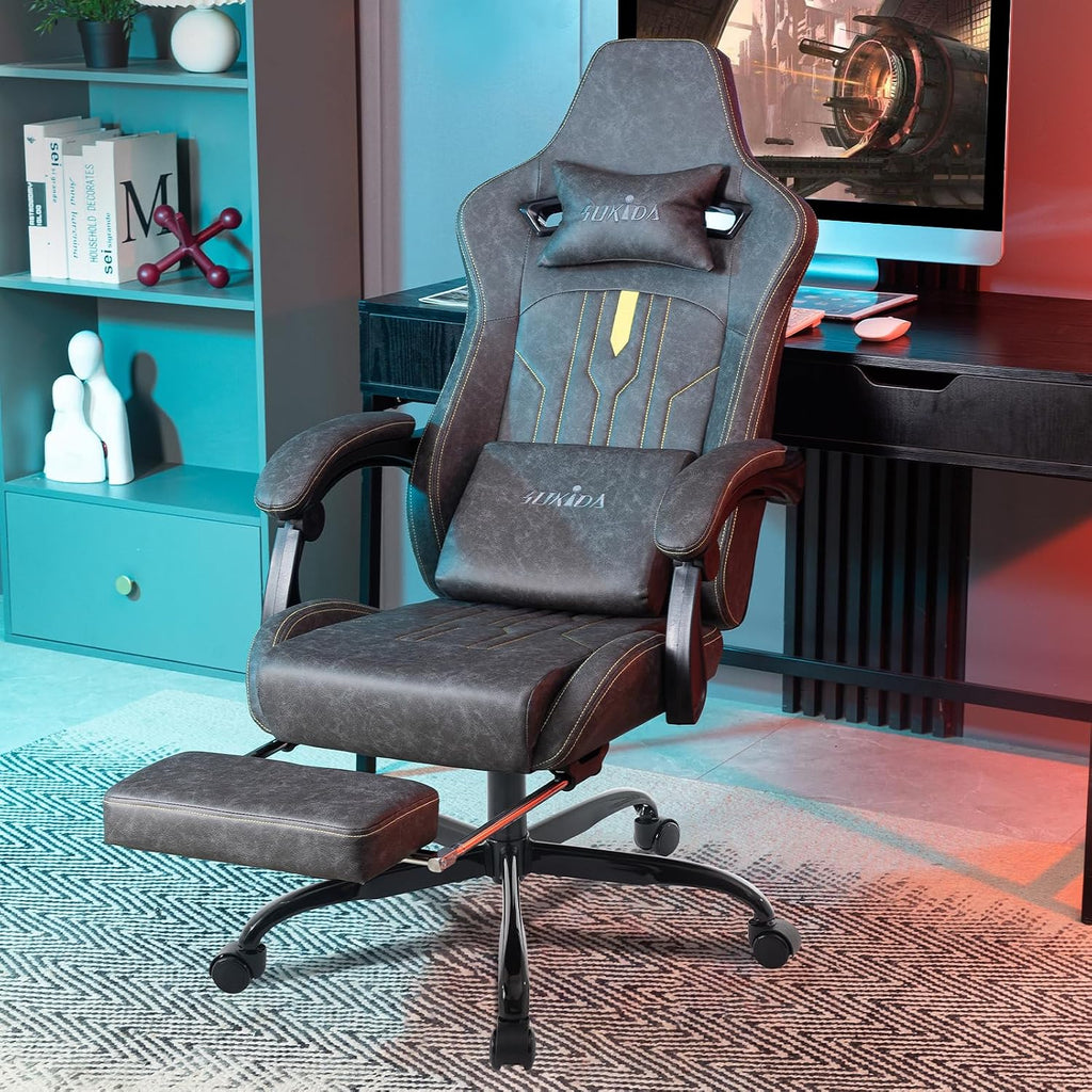 Gaming Chair with Footrest Ergonomic Computer Chair Massage Lumbar Cushion, Racing Video Game Chair Adjustable Rocker Recliner Executive Office Desk Chair Pu Leather for Adults, Grey