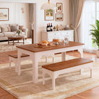 HUAHUU 63" Farmhouse Dining Table Set for 4-6, Kitchen Table with 2 Benches, Space Saving 3-Piece Rectangle Wooden Dinette Table Set for Dining Room, Breakfast Nook, Small Space, Brown & White