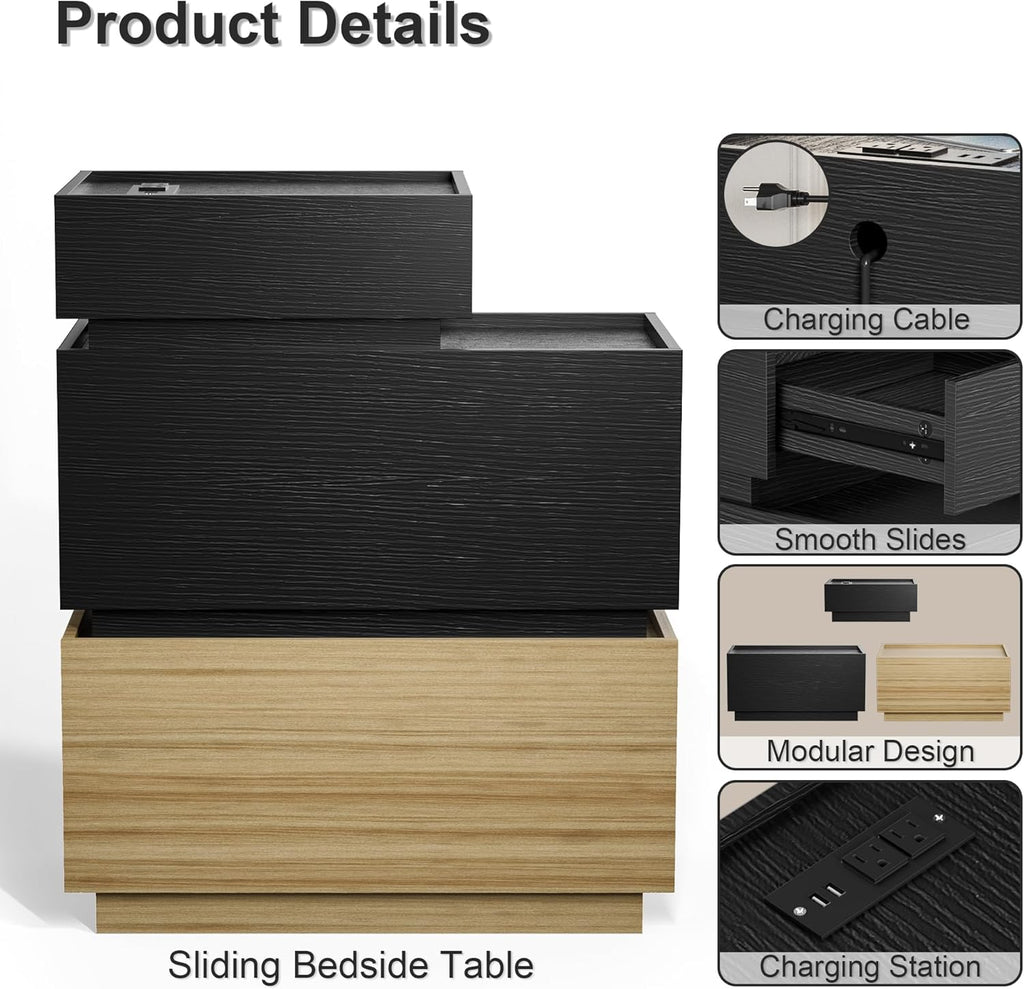 UEV End Table with Charging Station, Nightstand with Drawers and Storage, Narrow Side Table with USB Ports and Power Outlets for Living Room and Bedroom, Black and Brown