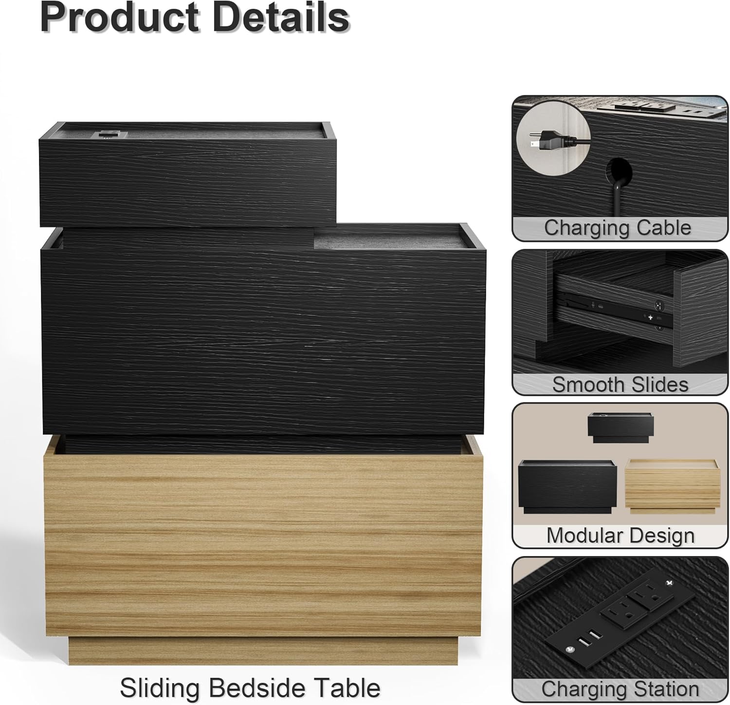 UEV End Table with Charging Station, Nightstand with Drawers and Storage, Narrow Side Table with USB Ports and Power Outlets for Living Room and Bedroom, Black and Brown