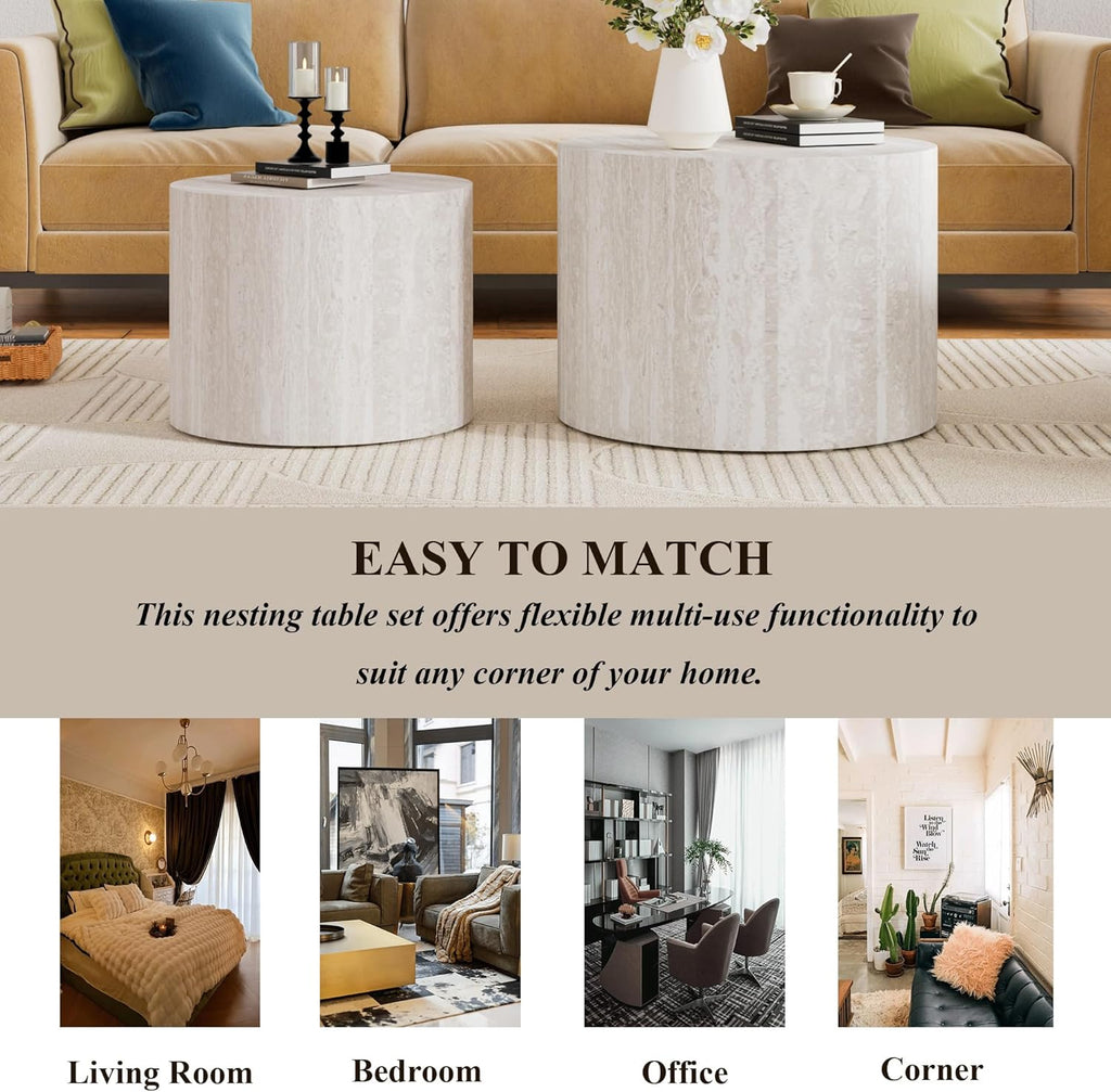 2-Piece Round Nesting Coffee Table Set with Travertine Texture, Modern Stackable Side Table for Small Spaces, Waterproof Anti-Scratch Accent Table for Living Room Bedroom Balcony