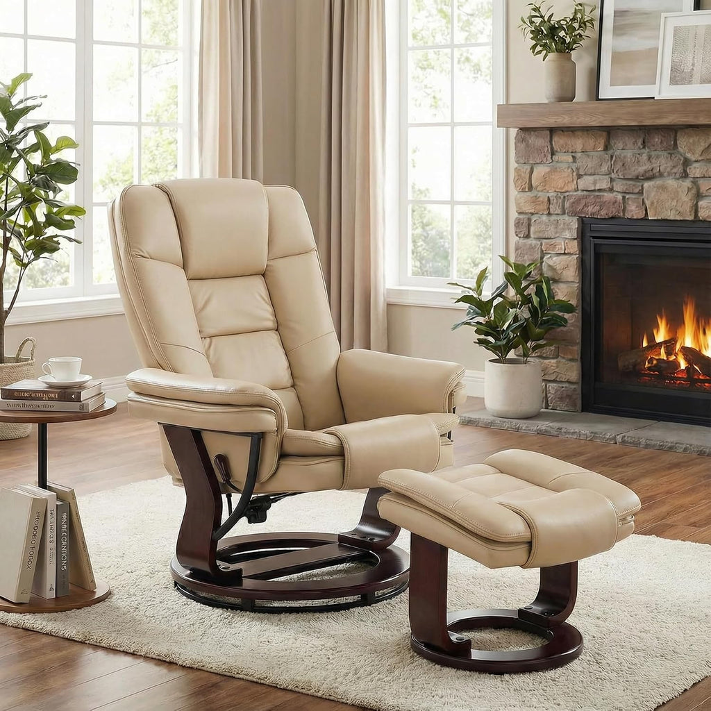 Swivel Recliner Chair with Ottoman Reclining Lounge Sofa Footrest, Set of 1 | 360°Sturdy Wood Base, Soft Faux Leather, Upholstered Ultra-Plush Foam, Modern Armchair, Living Room Bedroom Office Reading