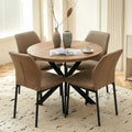 37" Round Dining Table Set for 4, Mid Century Modern Small Coffee Set for Dining Room Kitchen Apartment (Walnut Table + 4 PU Leather Beige Chairs)