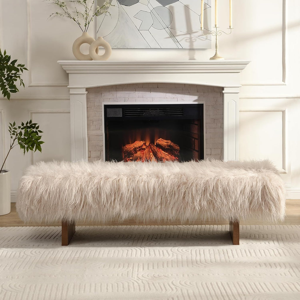 Christopher Knight Home Lenka 67" Long-haired Faux Wool Bedroom Bench, Rubberwood Ottoman Bench, Spacious Seating, Long Footstool for Living Room, Luxury Entryway Bench, Brown+Beige