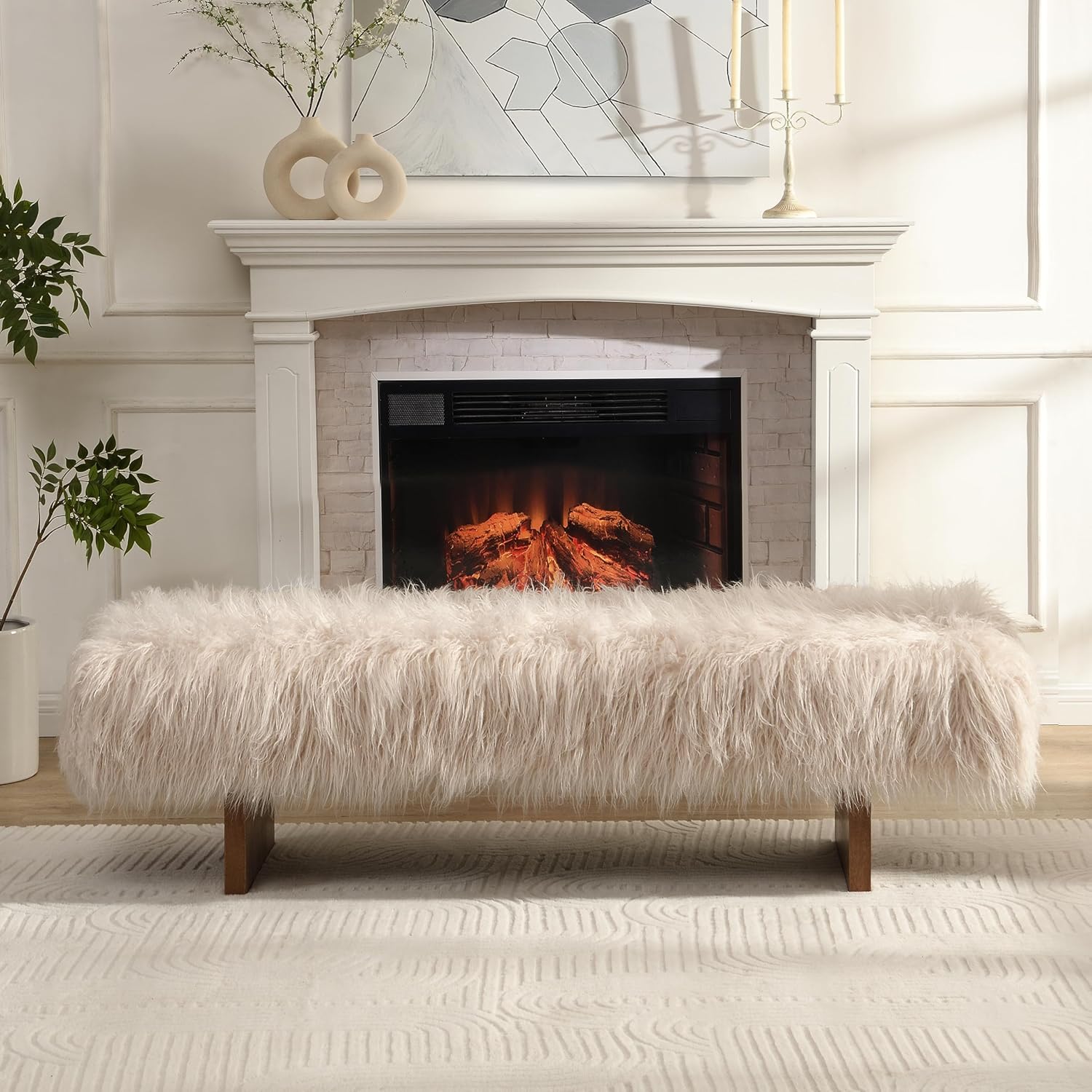 Christopher Knight Home Lenka 67" Long-haired Faux Wool Bedroom Bench, Rubberwood Ottoman Bench, Spacious Seating, Long Footstool for Living Room, Luxury Entryway Bench, Brown+Beige