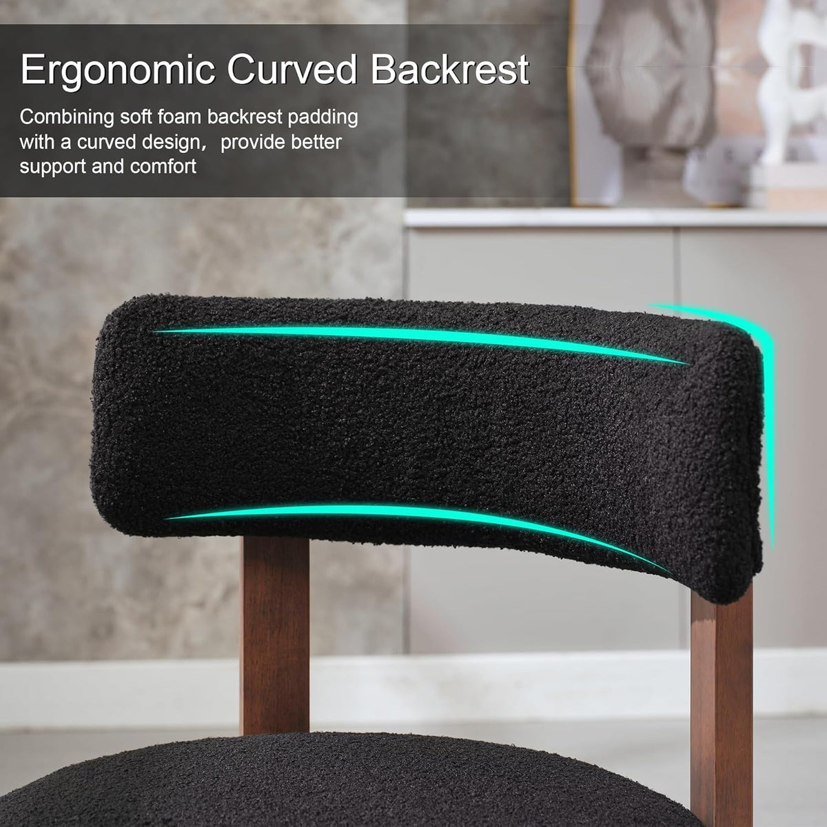 Okeysen Modern Dining Chairs Set of 4, Round Upholstered Armless Kitchen Chairs with Wood Legs Adjustable Foot, Mid Century Boucle Dining Chairs for Dining Room(Black)