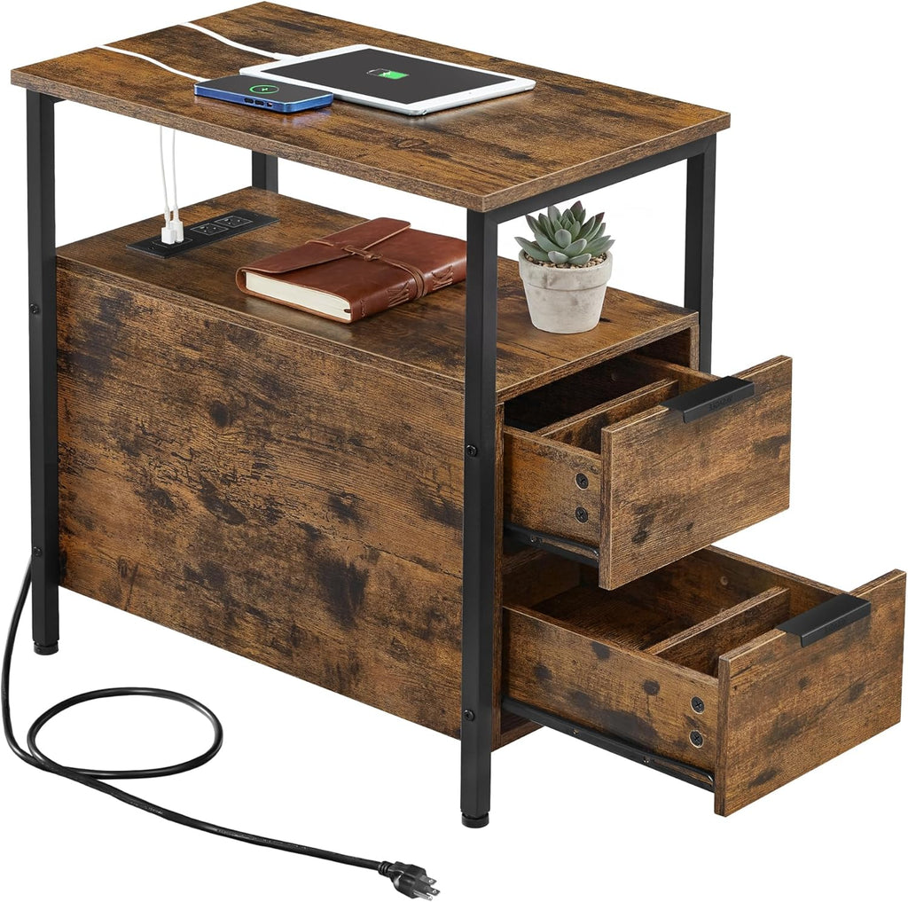 VASAGLE Side End Table with Charging Station, Slim Nightstand with 2 Drawers, Narrow Bedside Table for Living Room, Small Spaces, Rustic Brown and Ink Black ULET321B01V1S
