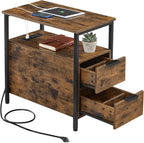 VASAGLE Side End Table with Charging Station, Slim Nightstand with 2 Drawers, Narrow Bedside Table for Living Room, Small Spaces, Rustic Brown and Ink Black ULET321B01V1S