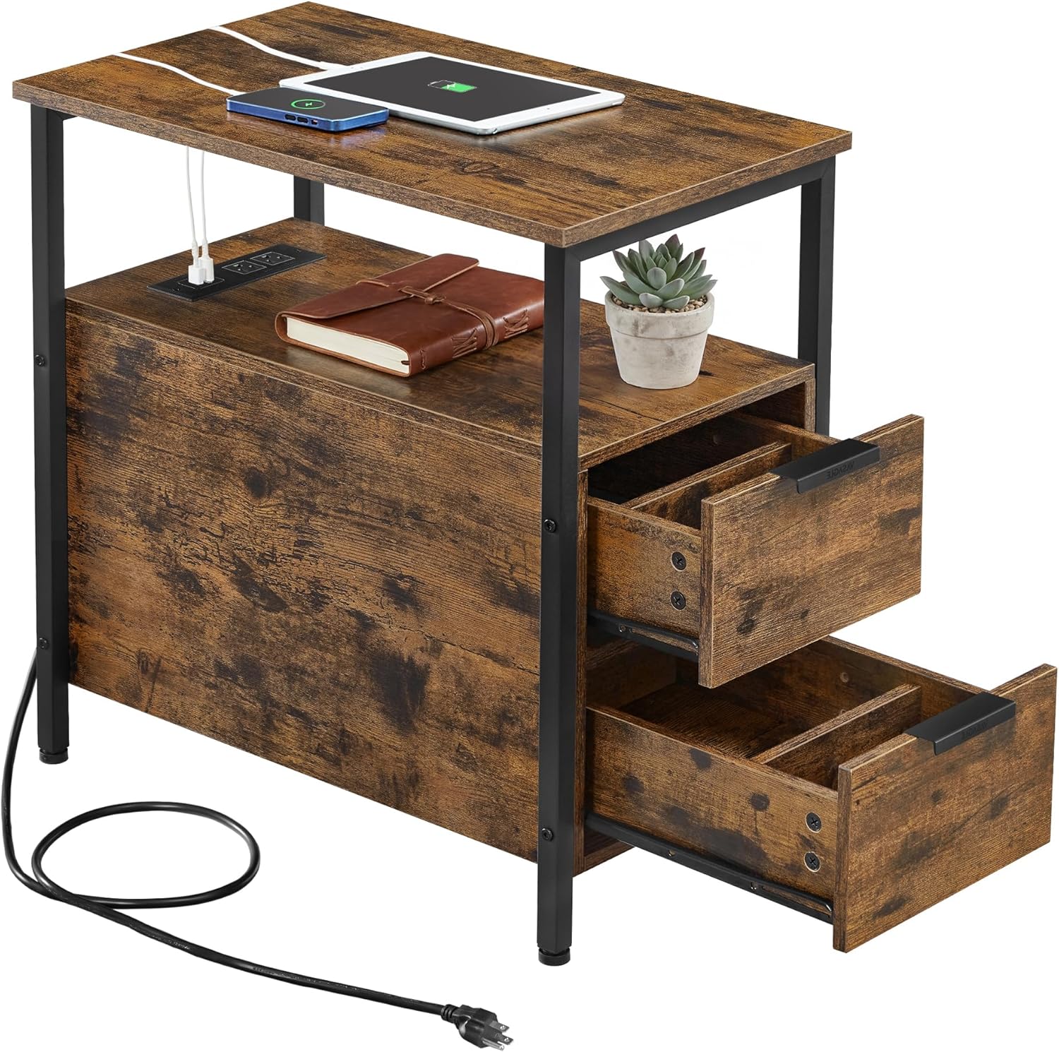 VASAGLE Side End Table with Charging Station, Slim Nightstand with 2 Drawers, Narrow Bedside Table for Living Room, Small Spaces, Rustic Brown and Ink Black ULET321B01V1S