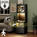 Farmhouse Tall Night Stand with Charger Station, Bedside Table with Shelves, LED Nightstand with Gun Drawer, Black