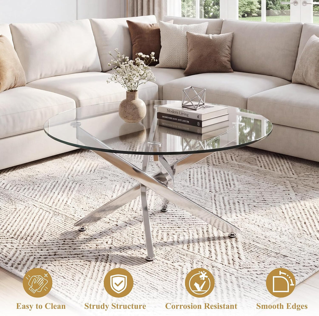 Round Glass Coffee Table Set 3-Piece, Silver Stainless Steel Frame | 35.4" Coffee Table + Two 23.6" End Tables Space-Saving Set for Living Room, Office, Reception
