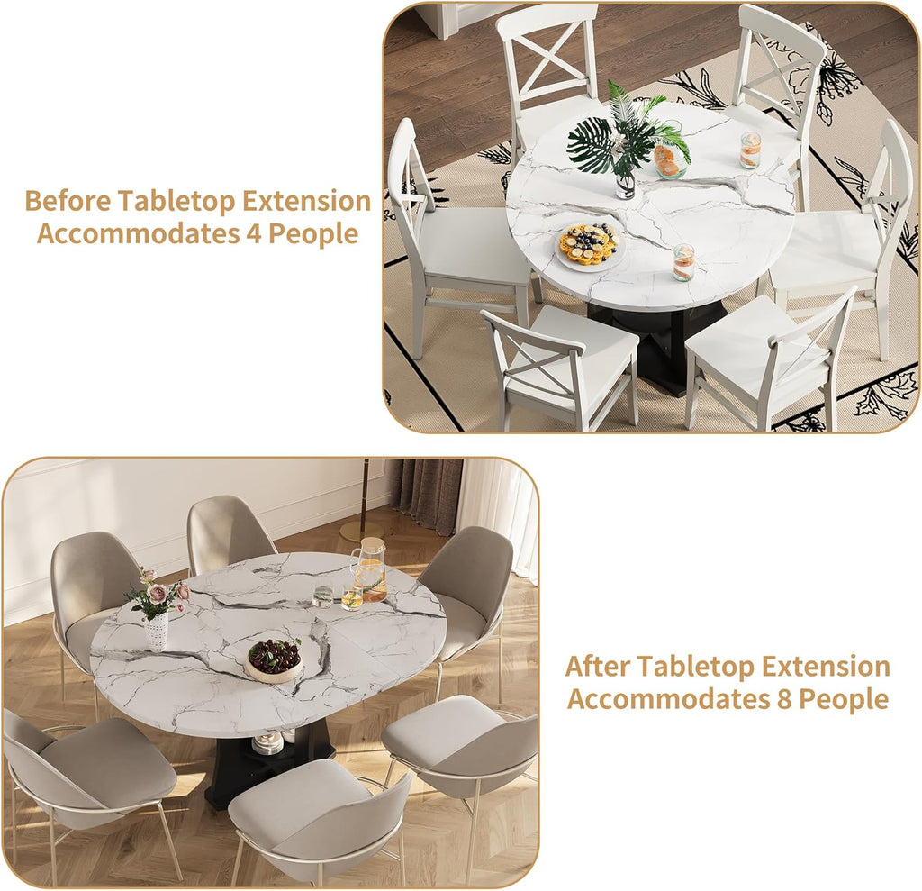 Extendable Dining Table 43"-59" for 4-6, White Faux Marble Round Kitchen Dining Room Table with 2 Tier Storage Shelves, Expandable Round to Oval Dinner Table with Storage for Kitchen Living Room