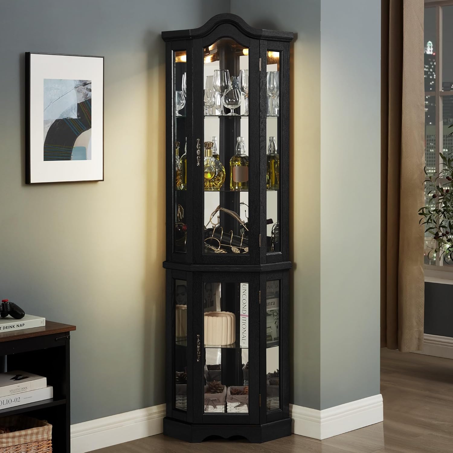 70" Lighted Corner Curio Cabinet,Inside Mirror Corner Glass Display Case with Tempered Glass Door for Living Room, Antique Collectibles, Wine & Bar Glass Storage, Lights Included