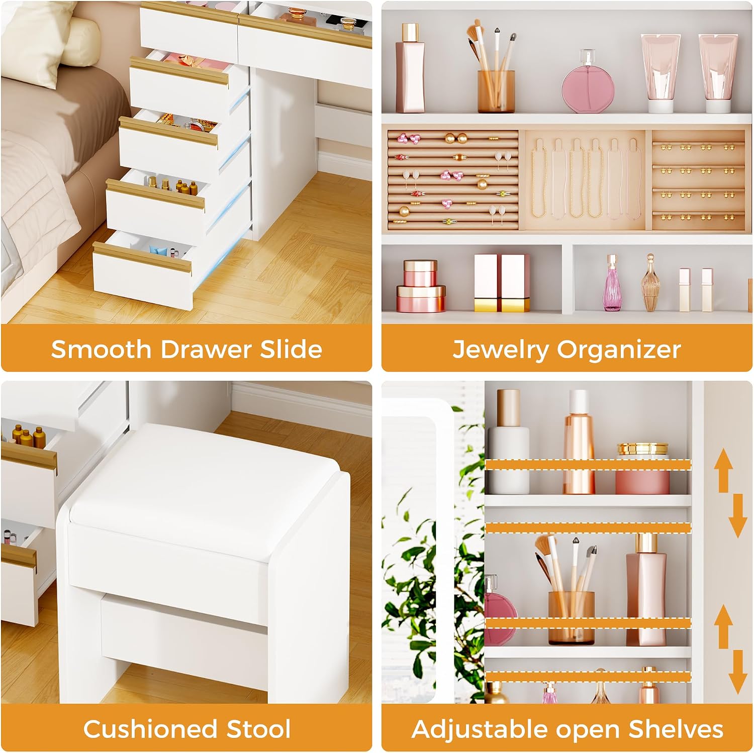 ANWBROAD Large Vanity Desk with Sliding Mirror and Lights& Jewelry Storage | White Makeup Vanity Desk with 11 Drawers,6 Shelves, 3 Color Lights,Dressing Table with Vanity stool, Power Outlet for Women