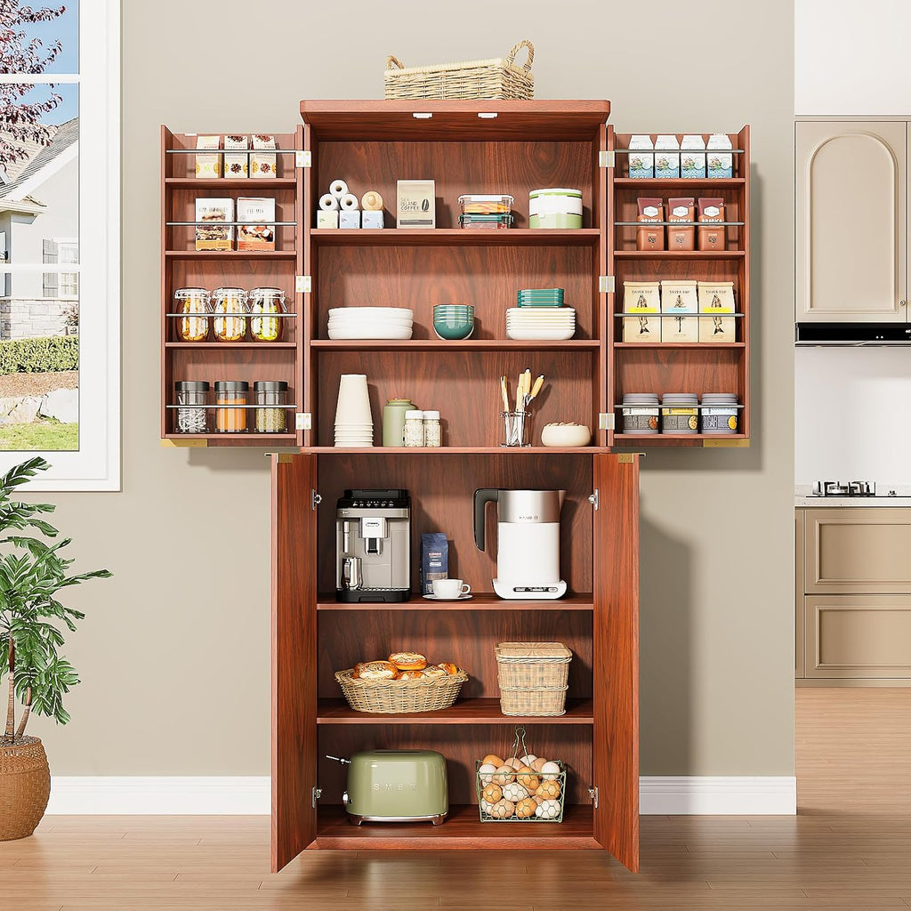 72" Tall Kitchen Pantry Modern Fluted Wood Storage Cabinet with Doors,6 Door Shelves, Organizer, Versatile Cupboard for Kitchen Dining (Walnut-Fluted)