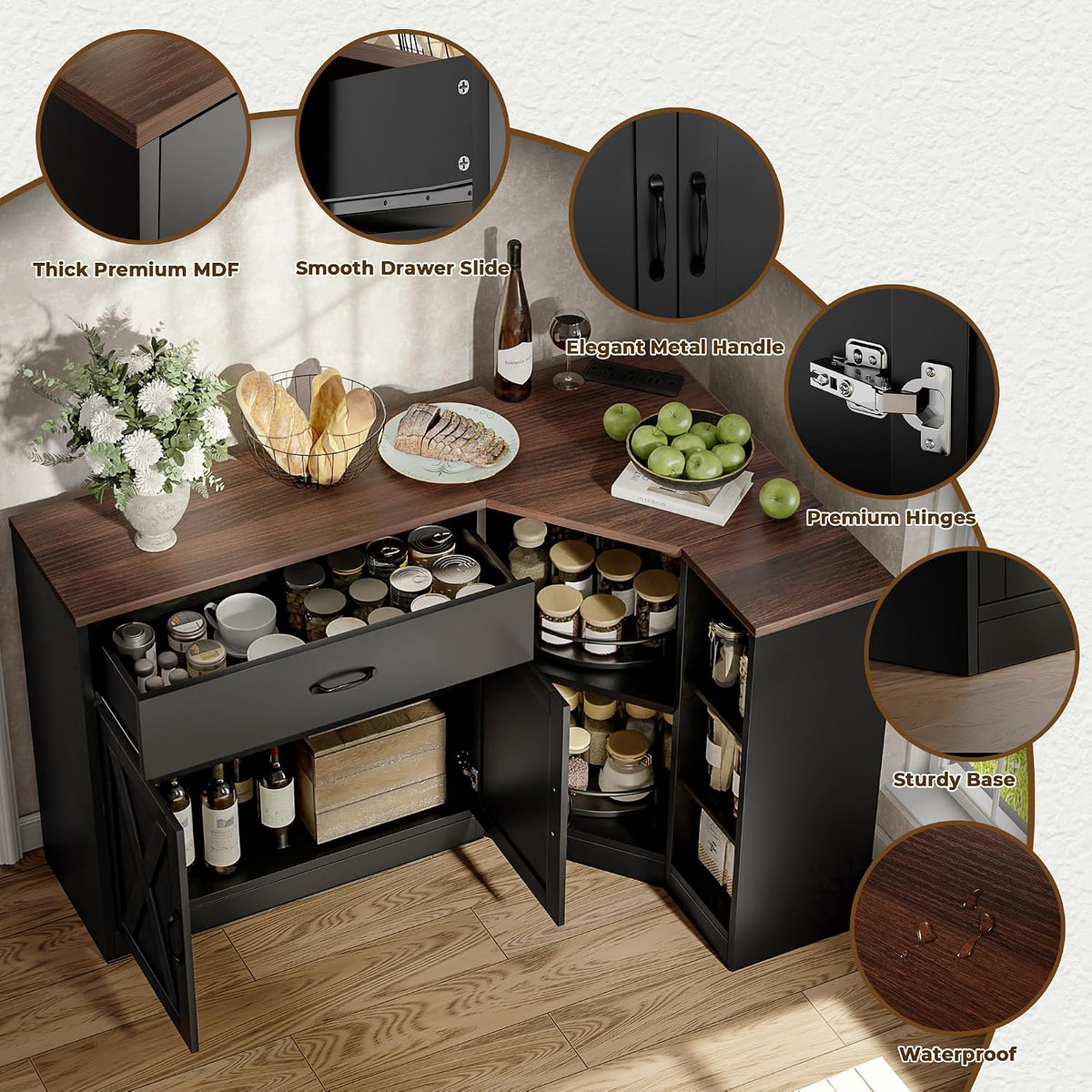 Corner Cabinet w/Charging Station, Kitchen Pantry w/Lazy Susan Turntable | Farmhouse Food Pantry Cabinet w/Drawer & Doors & Adjustable Shelf, L-Shaped Sideboard for Dining Room (Black)
