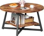 Round Coffee Table, Small Circle Coffee Table with Storage, Modern Wood Round Center Table for Living Room, Home Office, Small Space, Easy Assembly, Rustic Brown