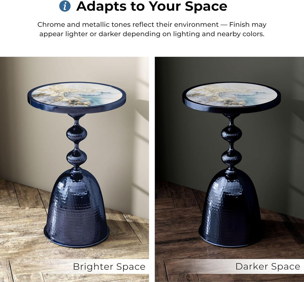 Homes: Inside + Out Halric Modern 25" Tall Round End Table with Decorated Tabletop and Iron Metal Base, Accent Furniture, Elegant Pedestal Stand for Living Room, Home Office, Chrome Blue