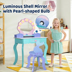 BRINJOY Kids Vanity with Lighted Mirror and Chair | Wooden Princess Vanity for Girls, 2 in 1 Ocean Theme Children Dressing Table Set, Little Girl Makeup Vanity with Mirror Gift