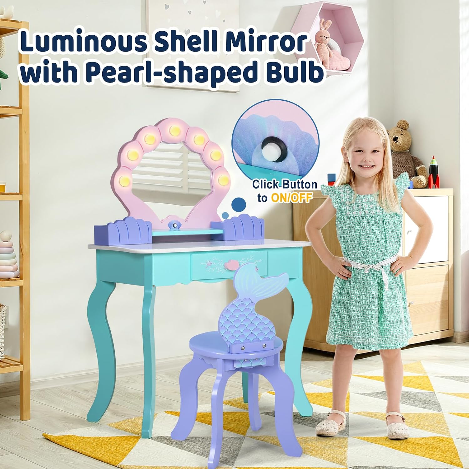 BRINJOY Kids Vanity with Lighted Mirror and Chair | Wooden Princess Vanity for Girls, 2 in 1 Ocean Theme Children Dressing Table Set, Little Girl Makeup Vanity with Mirror Gift