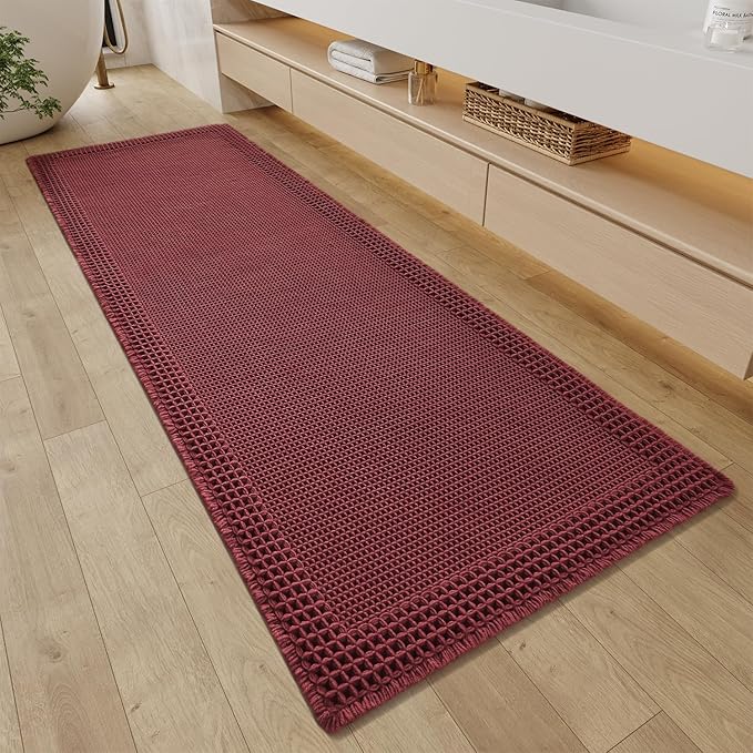 RESARE Waffle Bathroom Runner Rugs, Super Absorbent Bath Mat Non Slip Washable Quick Dry, Upgraded Ultra Soft Boho Bath Rugs with Tassels for Hallway Bedroom Laundry Room, 2'x6'(24"x72"), Dark Red