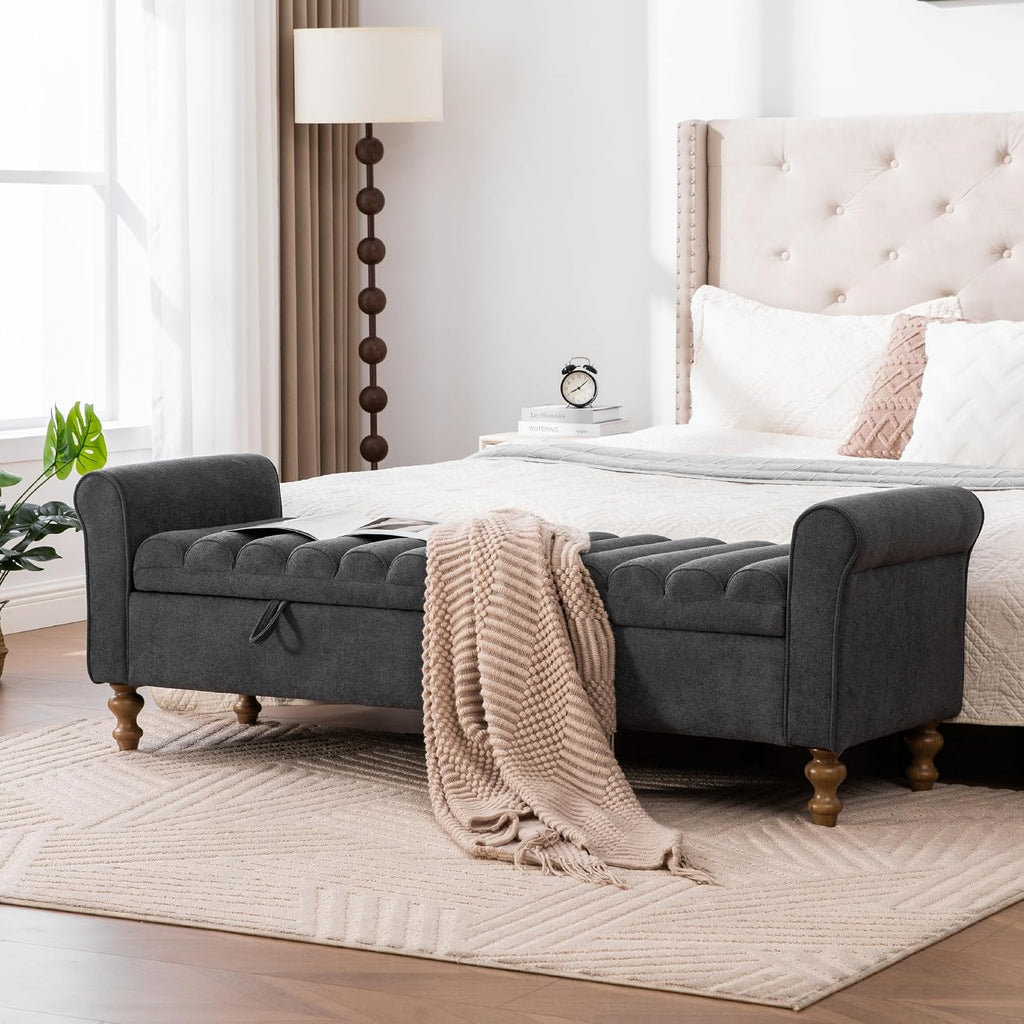 Aoiy & Wifon 65.55" W Large Storage Ottoman Bench, King Size End of Bed Storage Bench with Wood Legs, Upholstered Window Bench for Bedroom, Living Room, Entryway, Charcoal