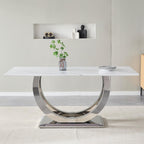 69.3" White Marble Dining Table for 6-8, Luxury Rectangular Kitchen Table with Silver Double U-Shape Stainless Steel Base, Modern Large Faux Marble Dining Room Table for Kitchen Living Room