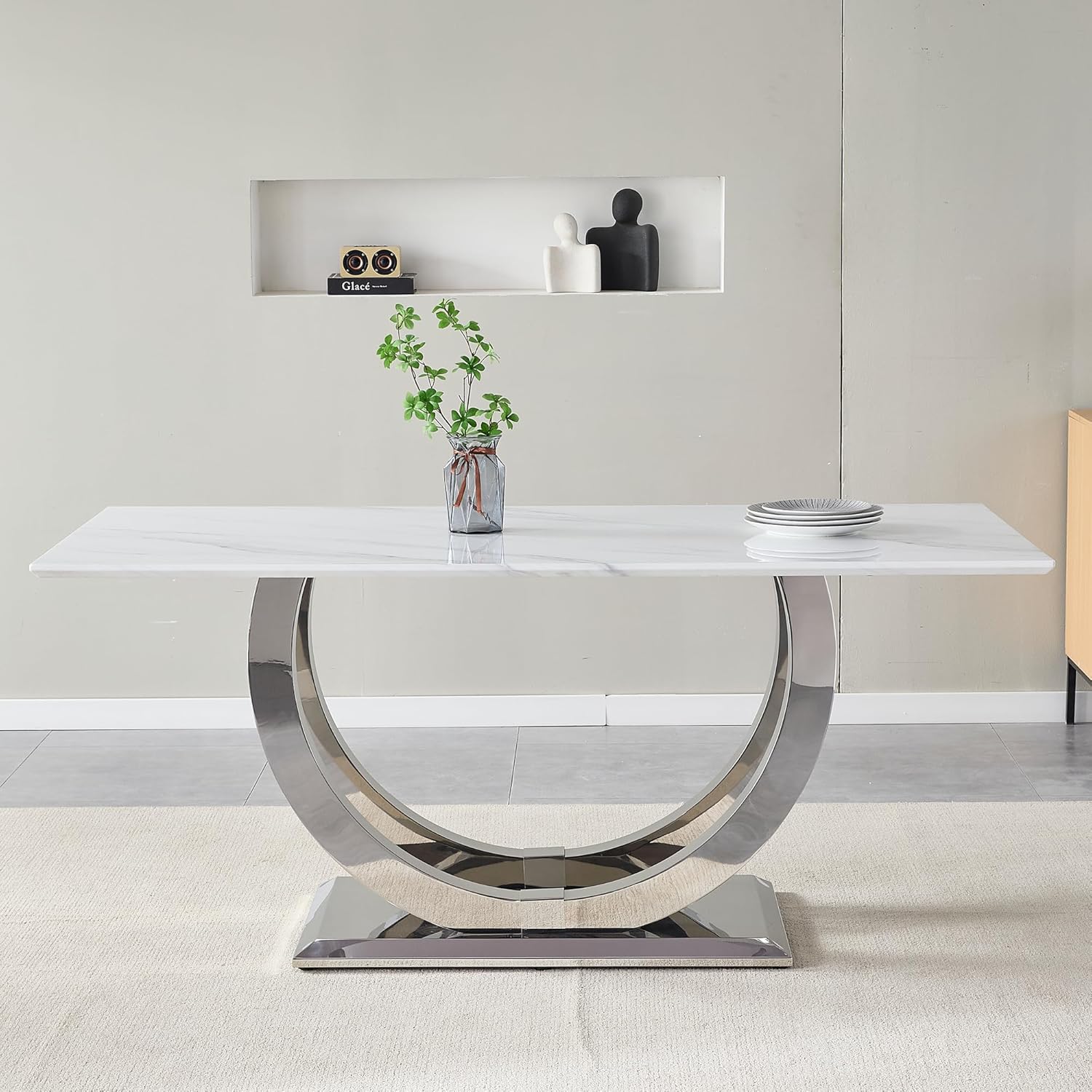 69.3" White Marble Dining Table for 6-8, Luxury Rectangular Kitchen Table with Silver Double U-Shape Stainless Steel Base, Modern Large Faux Marble Dining Room Table for Kitchen Living Room