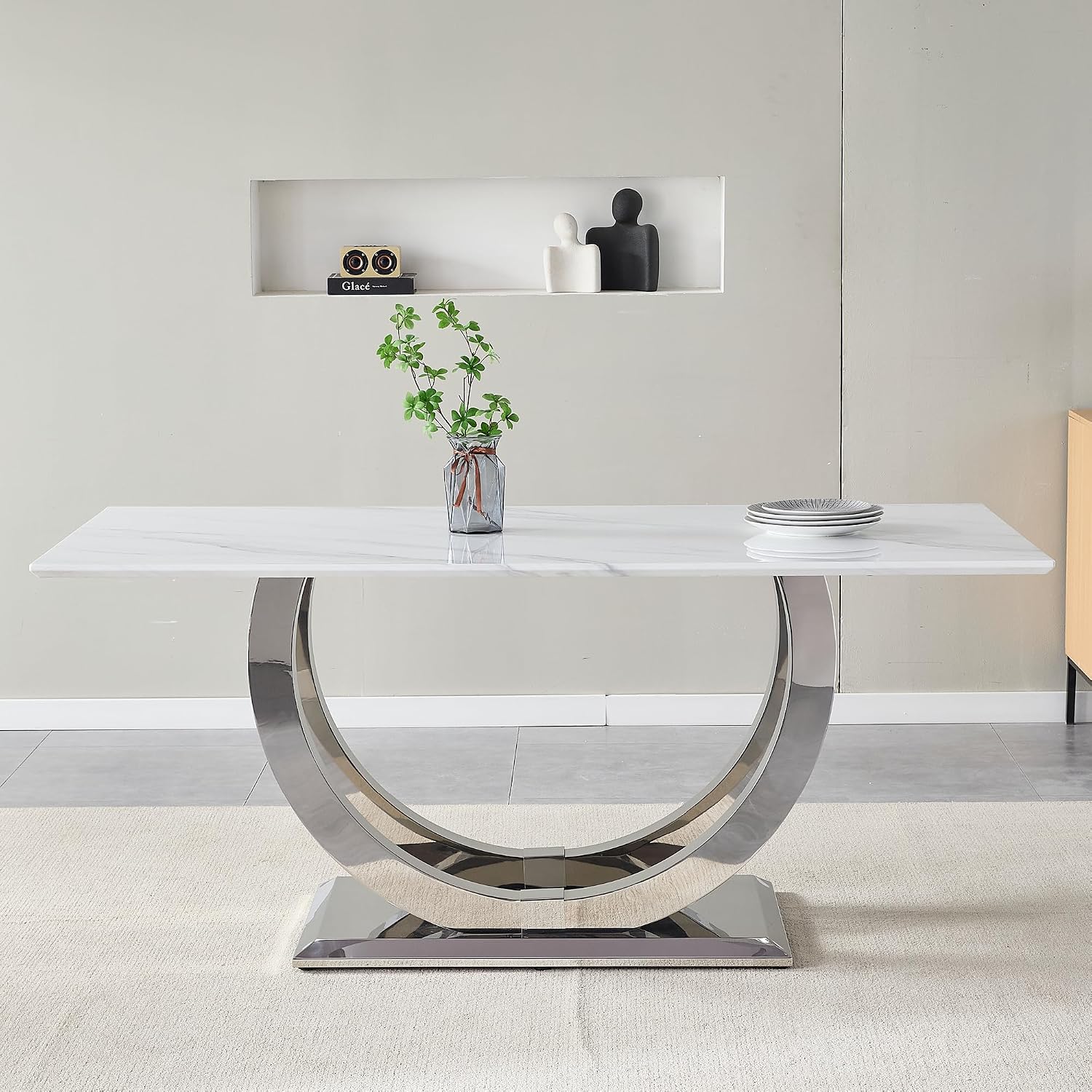SSLine Modern White Marble Dining Table for 6,Luxury 69" Faux Marble Kitchen Table for 4 6 8, Rectangle Dining Room Table with Silver Stainless Steel U-Shape Base(1 Table Only)
