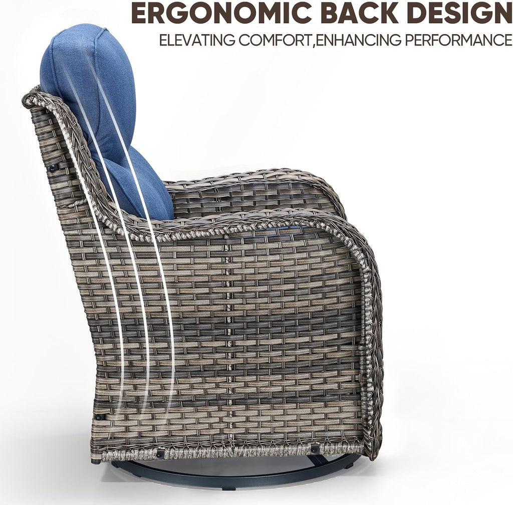 Swivel Patio Chairs sofa Set of 4 with 6" Thick Cushion - Wicker Outdoor Swivel Rocker Patio Chair ,Sofa/Glass coffee table, High Back Comfortable Outdoor Glider Chairs - Grey Wicker | Blue Cushions