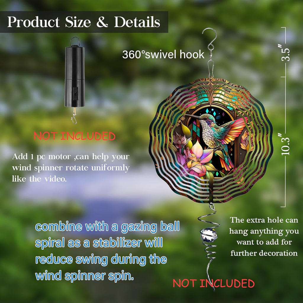 Hummingbird Wind Spinner,3D Hummingbird Spinners Gorgeous Outdoor Garden Decoration 10Inch 3D Steel Wind Spinner Outdoor Easy to Use Wind Sculptures Ideal Gift