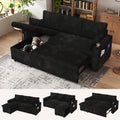 3 in 1 Pull Out Couch, Corduroy L Shaped Couch Sleeper Sofa Bed, Black | Reversible Storage Chaise, Charging Station, Cup Holder, Sleeper Sofa, for Living Room Apartment