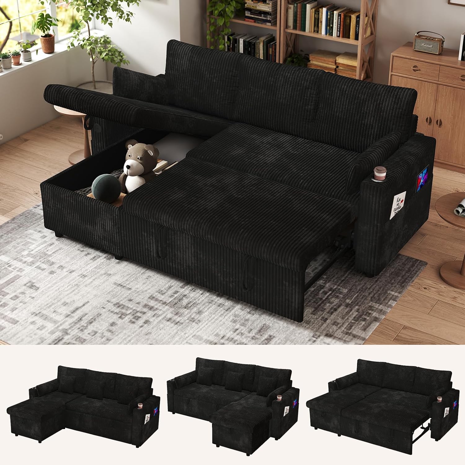 3 in 1 Pull Out Couch, Corduroy L Shaped Couch Sleeper Sofa Bed, Black | Reversible Storage Chaise, Charging Station, Cup Holder, Sleeper Sofa, for Living Room Apartment