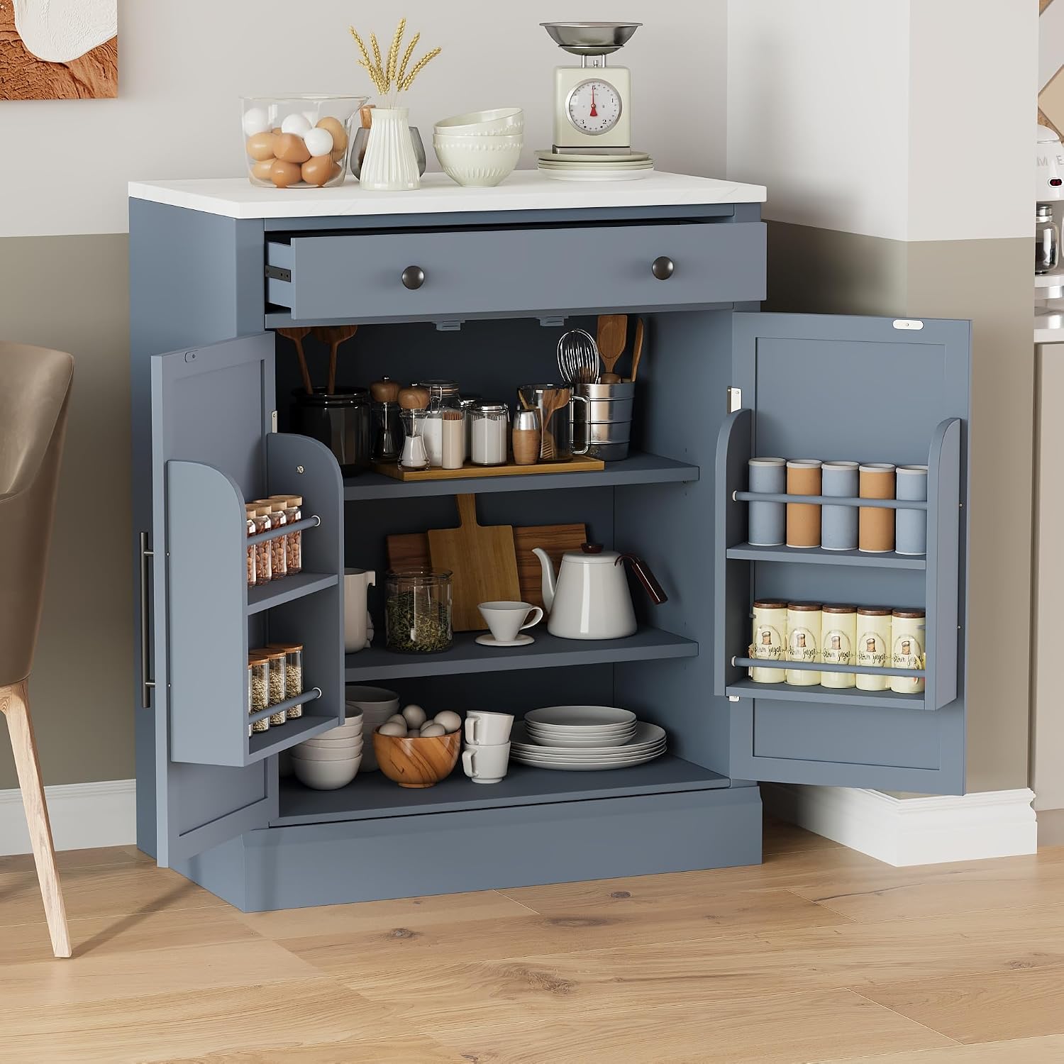 Modern Freestanding Kitchen Pantry & Buffet Food Storage Cabinet with Drawer, 2 Adjustable Shelves, 2 Door Shelves, Faux Marble Countertop - Ideal for Dining, Kitchen, and Coffee Bar (Gray)