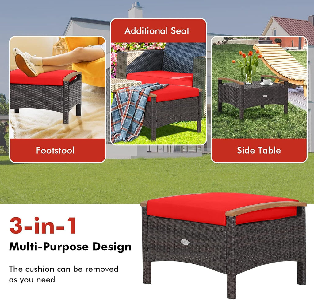 ORALNER Outdoor Ottoman, Set of 2 Rattan Footstools, All-Weather Wicker Foot Stools w/Removable Cushions, Patio Footrest Extra Seating for Porch, Poolside, Garden, Deck, Easy Assembly (Red)