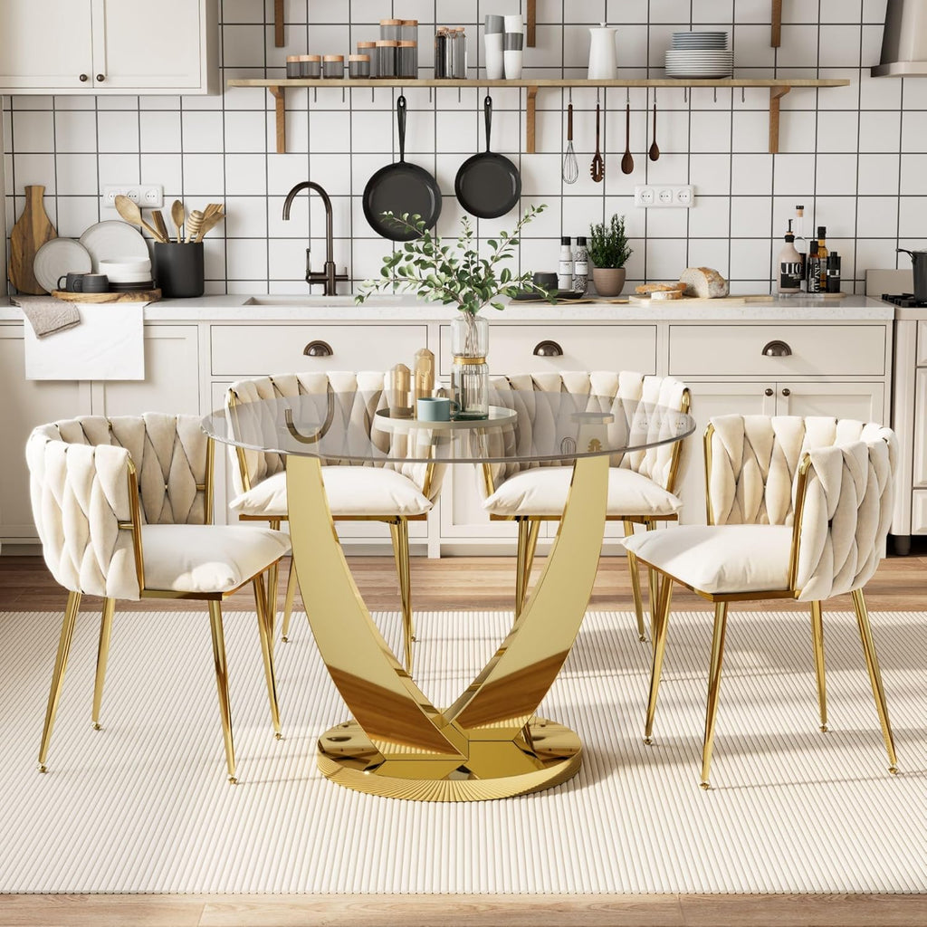 38.9" Round Glass Dining Table for 2-4, Modern Glass Dining Room Table with Tempered Glass Top & Stainless Steel Legs, Round Kitchen Table for Small Space, Apartment(Gold)