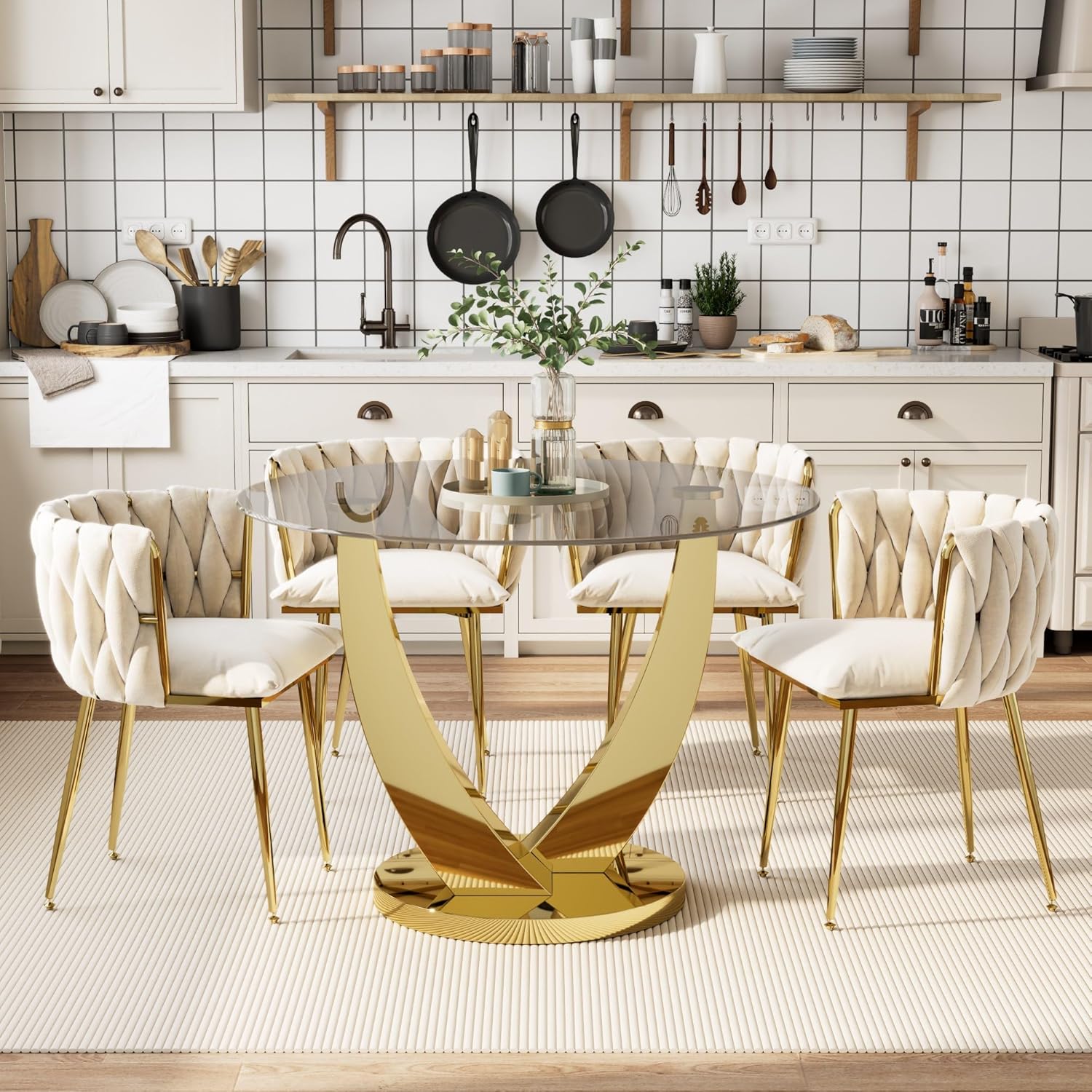 38.9" Round Glass Dining Table for 2-4, Modern Glass Dining Room Table with Tempered Glass Top & Stainless Steel Legs, Round Kitchen Table for Small Space, Apartment(Gold)