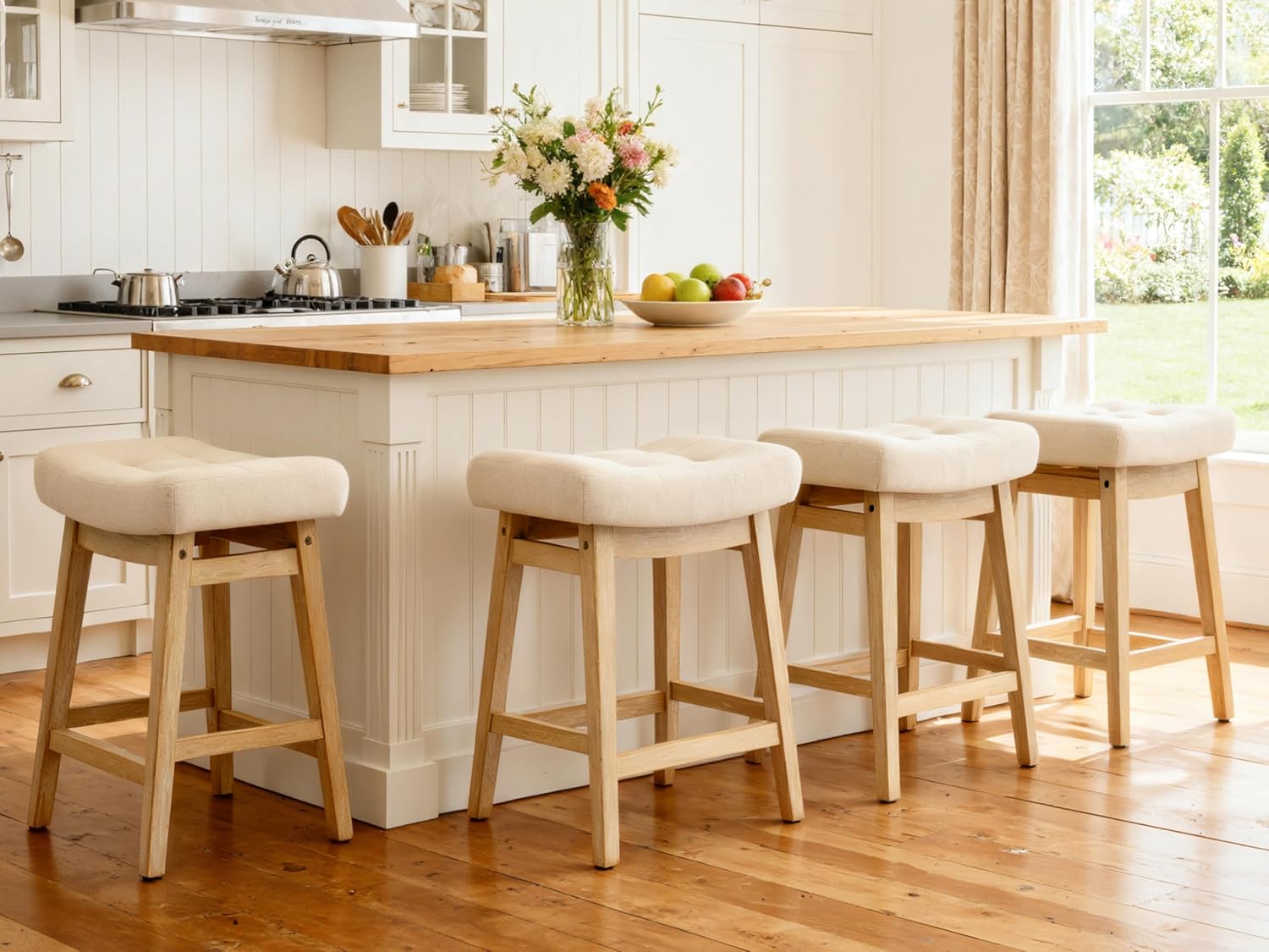 Counter Height Bar Stools Set of 3 for Kitchen Counter, Backless Farmhouse Island Short Barstools No Back with Padded Fabric Saddle Seat & Solid Wood Legs Modern 24 inch Counter Top Bar Chairs, Khaki