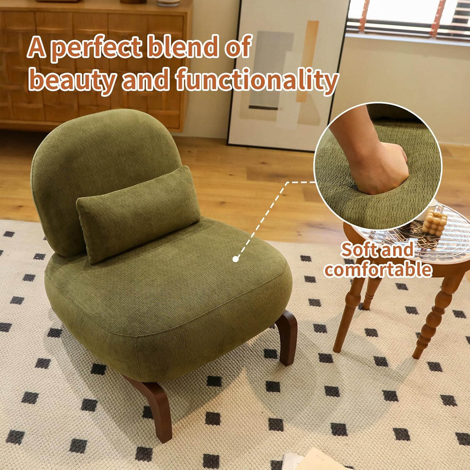 KEIKI Cute Comfy Accent Chair with Solid Wood Legs, Velvet Upholstered Single Sofa Chair for Living Room, Bedroom, Balcony or Waiting Room, Cozy Armless Cloud Chair Design, Green