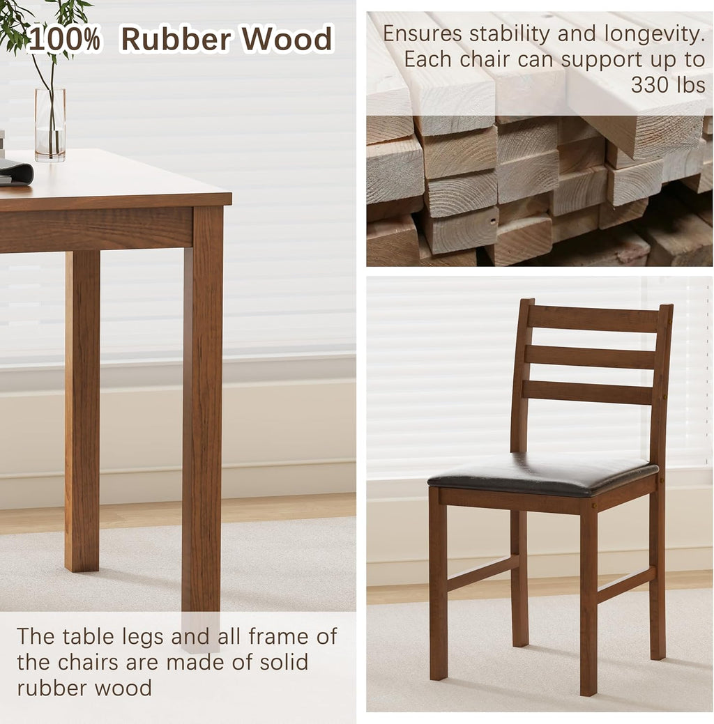 WiberWi Dining Table Set for 4, Solid Wood Kitchen Table and Chairs Set of 4, 43.3” Space-Saving Mid Century Modern Dining Room Table with Upholstered Chairs, Walnut