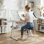 Drafting Table with Stool, Height Adjustable Art Desk with Tilting Tempered Glass Tabletop, Expansion Board, and Multi-Storage, Drawing Table for Studio, Artists, Home Office, Painters, White
