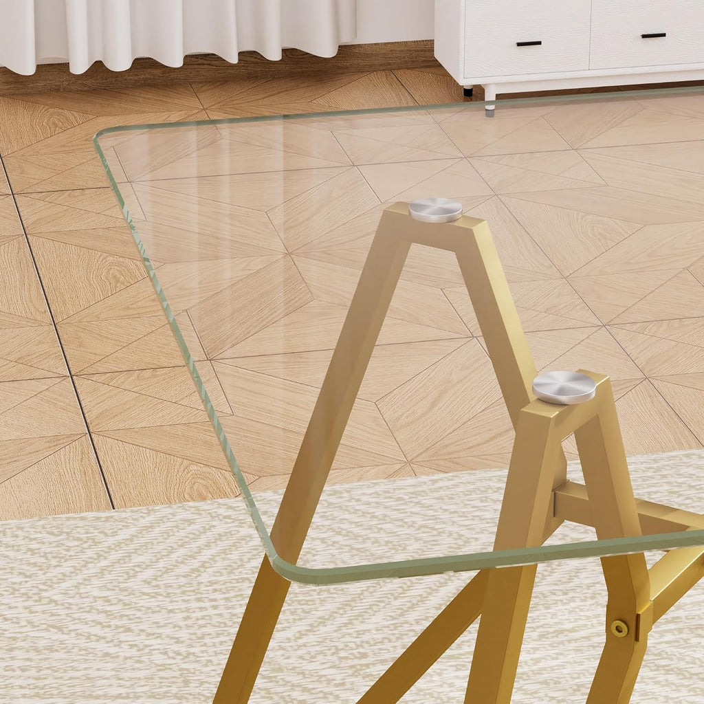 KEIKI 35.4-inch Square Tempered Glass Dining Table, Suitable for 2-4 People, Space-saving Small Kitchen Dining table, Equipped with Sturdy Metal Table Legs, Suitable for Dining Room, Living Room, Gold